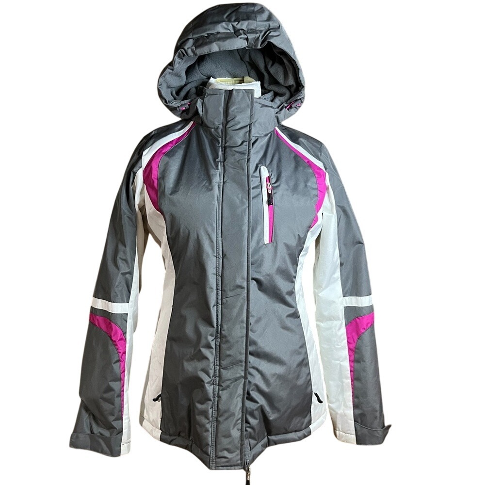 Magellan Outdoors Womens‎ Ski Jacket Grey Pink Hooded Insulated Snow Coat Small